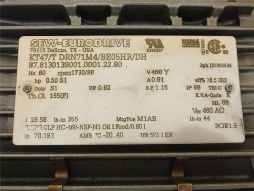 SEW KT47/TDRN71M4/BE05HR/DH; AC Gearmotor 19.58:1 Ratio; .5HP