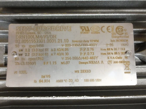 SEW DRN100LM4/FI/DH; AC Motor 3HP; 440-460V; 1762RPM; 3Ph