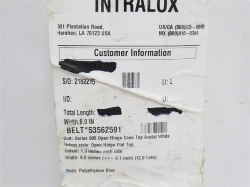 Intralox 53562591-30; Cone Top Belt Series 800; 8" W x 30' L