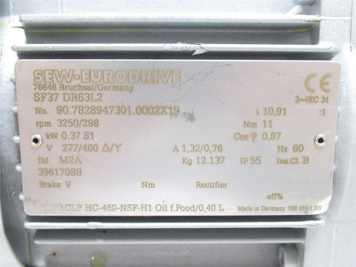SEW SF37 DR63L2; AC Gear Motor; 10.91:1 Ratio; 0.37kW; 480V