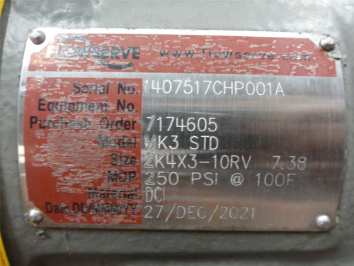 Flowserve 2K4X3-10RV; Water Pump MK3-STD 4"ID In 3"ID Out 40HP