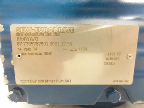 SEW FA47/A/G; Gear Box; 125:1 Ratio; 1750RPM; 1-5/16"ID