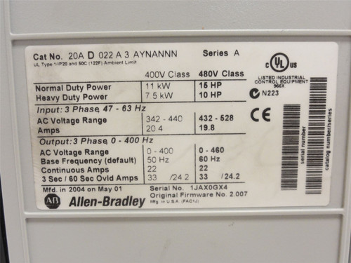 Allen-Bradley 20AD022A3AYNANNN; AC Drive 15HP; 432-528VAC; 20.4A In