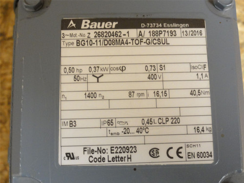 Bauer BG10-11/D08MA4-TOF-G/CSUL; AC Gear Motor 16.15:1 Ratio
