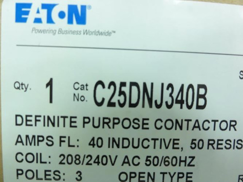 Eaton C25DNJ340B; Contactor 40A; 600V; 3P; Coil: 240VAC
