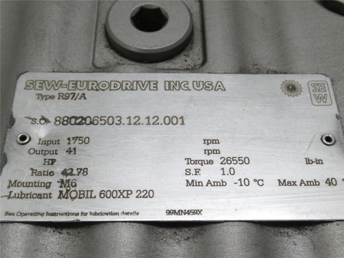 SEW R97/A; Gear Speed Reducer; 42.78:1 Ratio; 41HP