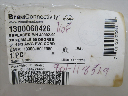 Molex 1300060426; Mini-Change Cordset 90Deg; 3-Pin; 6.6' Long