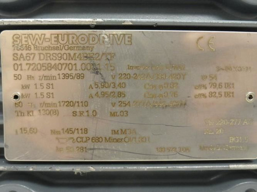 SEW SA67 DRS90M4BE2/TF; Gearmotor 220-420V; 5.9/3.4A; 3Ph