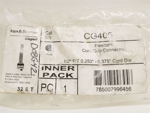 P&S CG406; Straight Male Cord Grip; 1/2" Thread; 0.310-0.375"