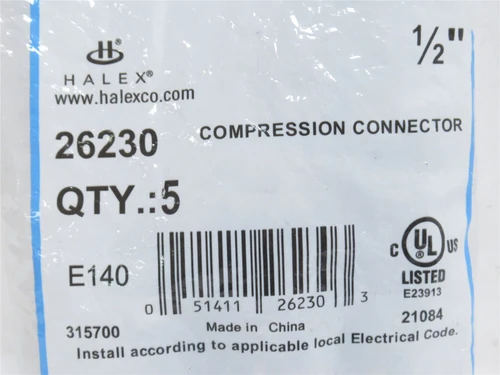 Halex 26230; Bag-5; EMT Compression Connectors; Size: 1/2"