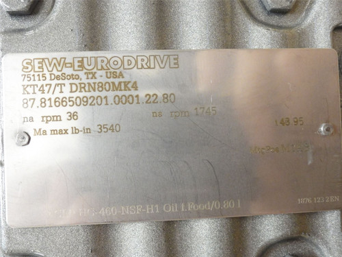 SEW KT47/TDRN80MK4; AC Gear Motor; 3/4HP; 460V; 1745/36RPM