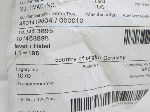Multivac 10.146.3895; Lever Assy; SS; 7-5/8" Long; 30mm Wide
