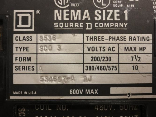 Square D 8536-SC03; Size 1 Starter 27A; 3P; 600VAC; Coil: 120V
