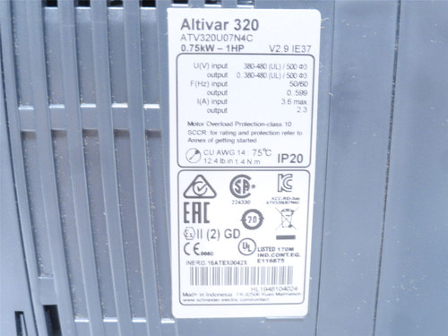 Schneider ATV320U07N4C; AC Drive 1HP (0.75kW) 380-500VAC 3ph