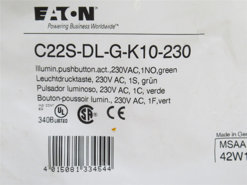 Eaton C22S-DL-G-K10-230; Illuminated Push-Button; Green; 230V
