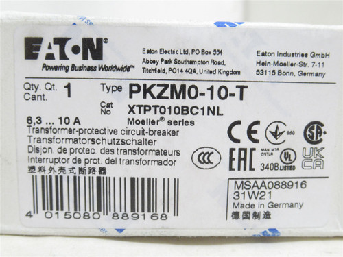 Eaton XTPT010BC1NL; Manual Motor Protector; 6.3-10A; 3P; 690V