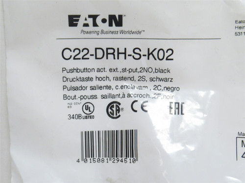 Eaton C22-DRH-S-K02; Compact Push-Button; 2-NC; 22.5mm