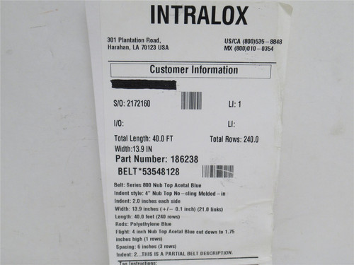 Intralox 186238; Nub Top; 4" flights;  20" Wide x 40'Total