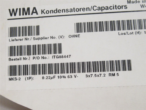 WIMA MKS2-2.2/63/10A; Lot-250 Film Caps; 63VDC; 10A; .22 uF