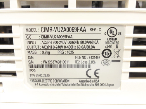 Yaskawa CIMR-VU2A0069FAA; AC Drive 25HP 240VAC In
