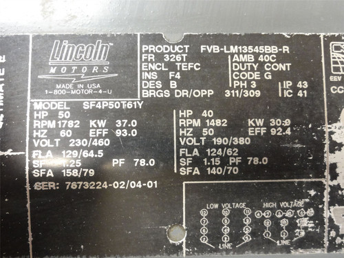 Lincoln SF4P50T61Y; AC Motor; 50HP; 230/460VAC; 1782RPM; 3-Ph
