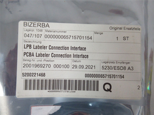 Bizerba 65715701154; LPB Labeler Connection Interface Sealed