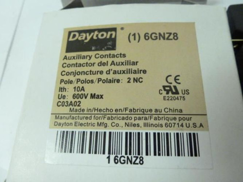 Dayton 6GNZ8; Auxiliary Contact; Definite Purpose; 2NC