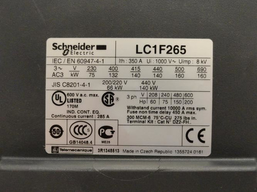 Schneider LC1F265; Contactor 265A 3P 600VAC Coil: 230VAC