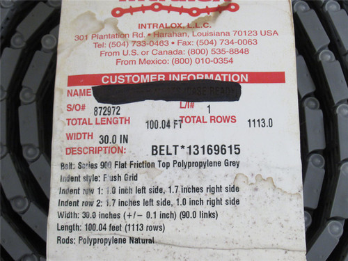 Intralox 13169615; Conveyor Belt; S900; 30" Wide x 11.05' Long