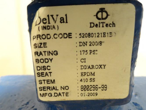 DelTech 52080121E1B0; Lug-Style Butterfly Valve; NO HANDLE