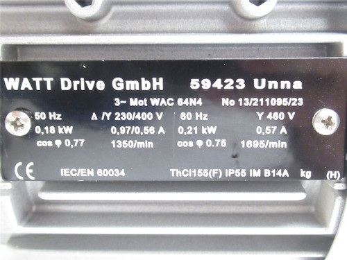 Watt 59423; AC Motor; .21kW; 460VAC 1695RPM; 3PH