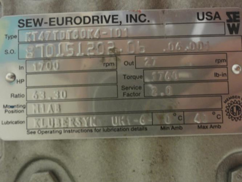 SEW KT47TDT80K4-I01; Motor-Gearbox; 63.3:1 Ratio; 3/4HP