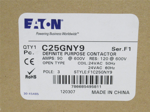 Eaton C25GNY9; Contactor; 90A; 3P; 600VAC; Coil: 24VAC