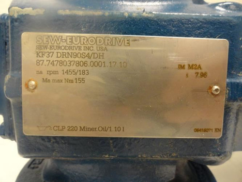 SEW KF37 DRN90S4/DH; Gearmotor 1.1Kw; 380-400V; 1762/221Rpm; 3Ph