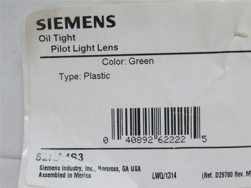 Siemens 52RA4S3; Lot-4 Green Pilot Light Lenses; 30mm