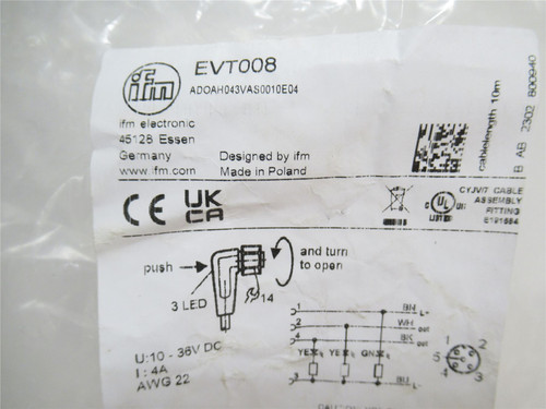 IFM EVT008; Female Cordset; 90Deg; 10m Long; 10-36VDC