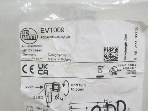 IFM EVT009; Female Connector; 90Deg; 10-36VDC; 4A; 25m Long