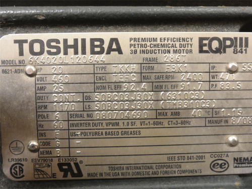 Toshiba 6K4020L120644; AC Motor; 20HP; 460VAC; 1170RPM; 3PH; 60HZ
