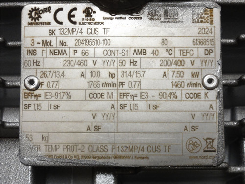 Nord Drive SK132MP/4CUSTF; AC Motor; 10HP 230/460V 1765RPM 3PH