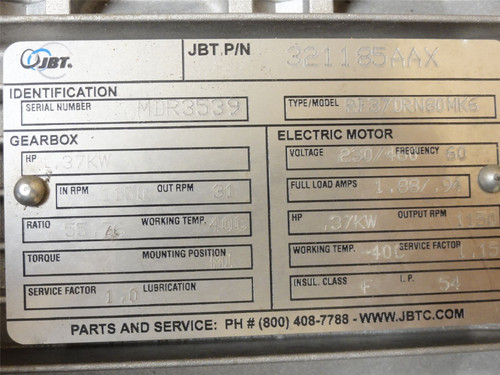 JBT MDR3539; AC Gear Motor 55.76:1 Ratio 0.37kW; 230/460V; 3PH