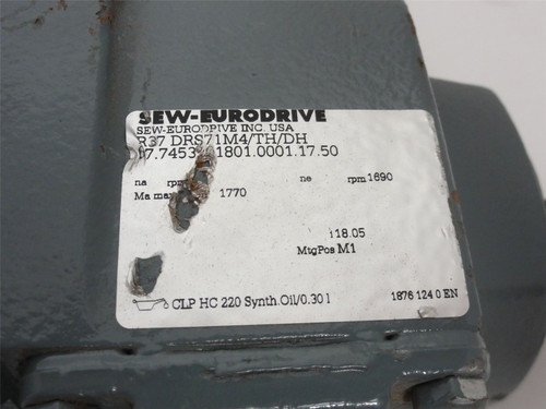 SEW R37DRS71M4/TH/DH; AC Gear Motor 18.05:1 Ratio; 3/4HP