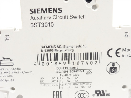 Siemens 5ST3010; Auxiliary Contact; 6A; 230VAC; 1-NO; 1-NC