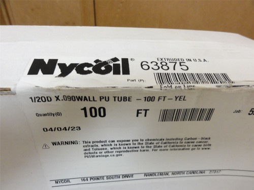 Nycoil 63875; Roll-100'; Yellow poly Tubing 1/2"OD x 0.090"
