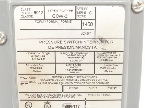 Square D 9012GCW2; Pressure Switch; 90-2900PSI; 600VAC; 1/4NPT
