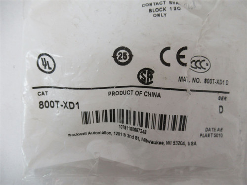 Allen-Bradley 800T-XD1; Lot-2 Contact 1 N/O  30 MM 600VAC