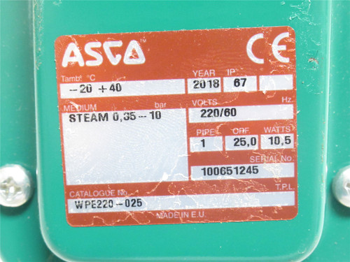Asco WPE220-025; Brass Solenoid Valve; Steam; 10BAR; 1NPT