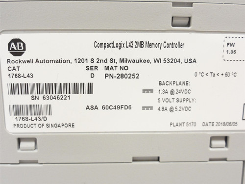 Allen-Bradley 1768-L43; Processor Module; 2Mb Memory; 24VDC
