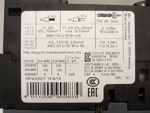 Siemens 3RV2021-1FA10; Motor Protector 3.5-5A; 3P; 600VAC