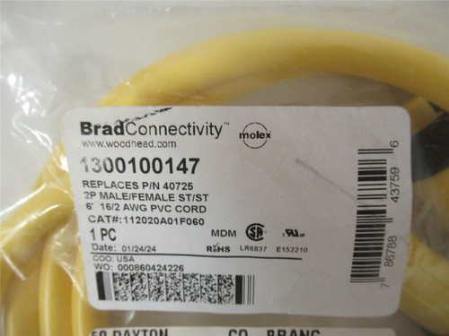 Woodhead 1300100147; Cordset 2P  6'  16 AWG