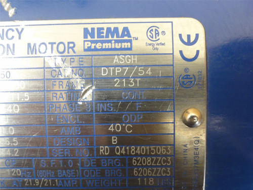 Westinghouse DTP7/54; AC Motor ASGH 7-1/2HP; 230/460V; 1755RPM